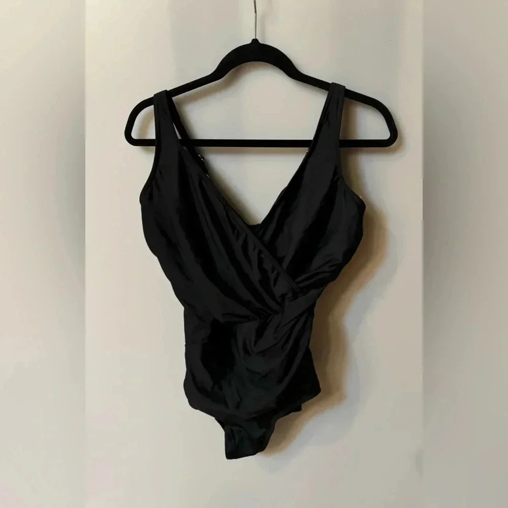 Miracle Suit Must Haves Oceanus One Piece Swimsuit Wrap V-Neck Black Size 14DD - Picture 2 of 6